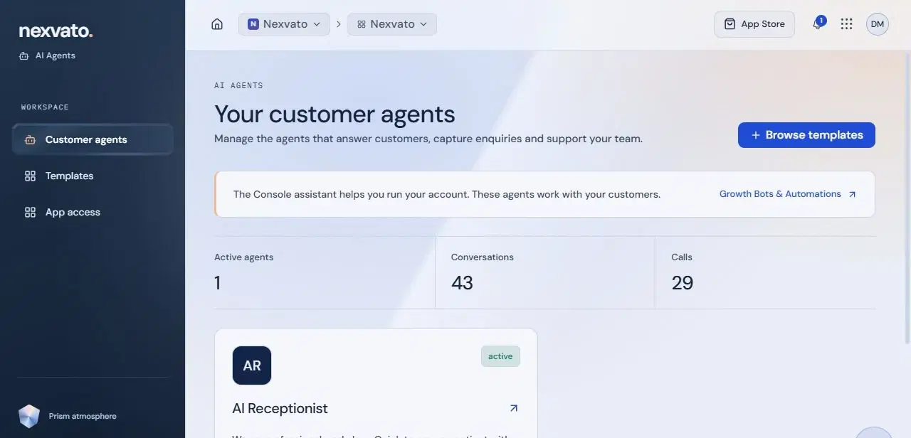 Customer AI agents in Nexvato OS, with an AI receptionist and its conversations and calls