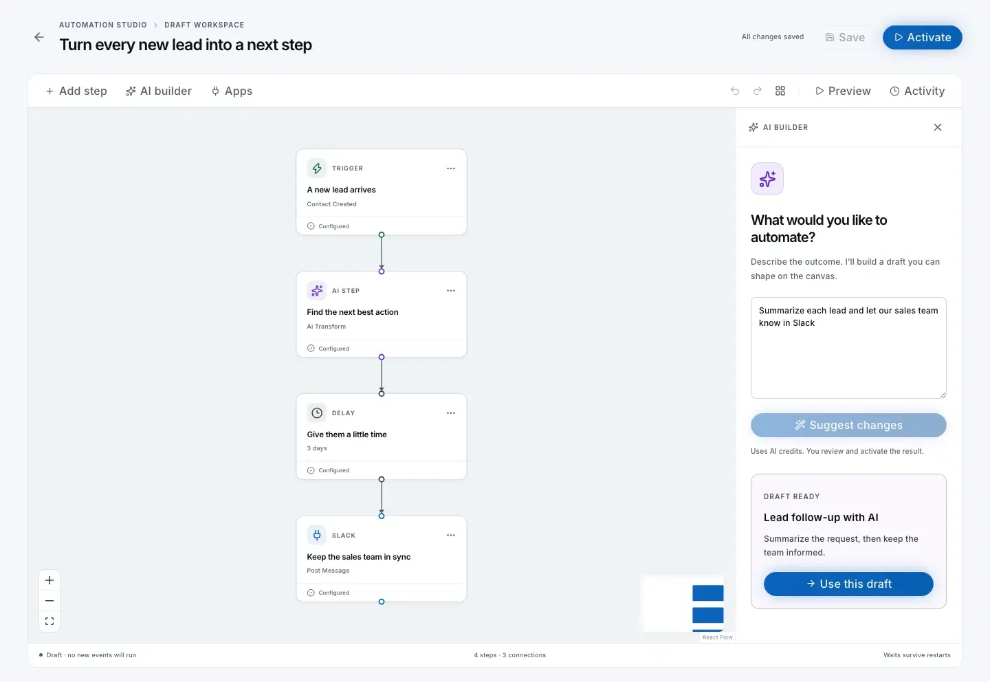 Automation Studio in Nexvato OS with a sample workflow that gives every new lead a next step, beside the AI builder