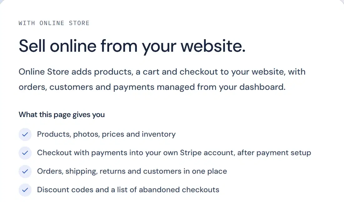 The Online Store page in Nexvato OS: products and inventory, checkout, orders and discount codes
