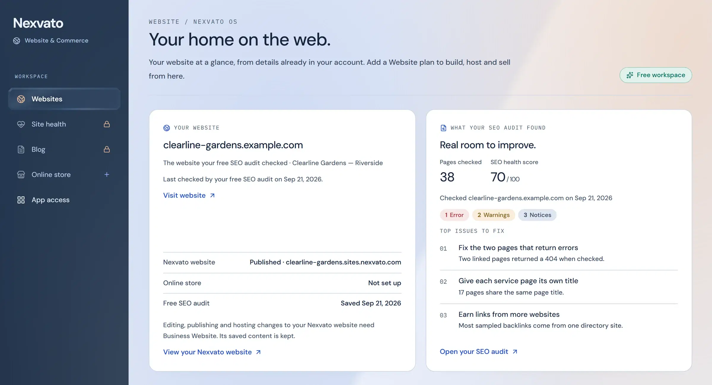 Website & Commerce in Nexvato OS for a sample business, with its published website and what its SEO audit found