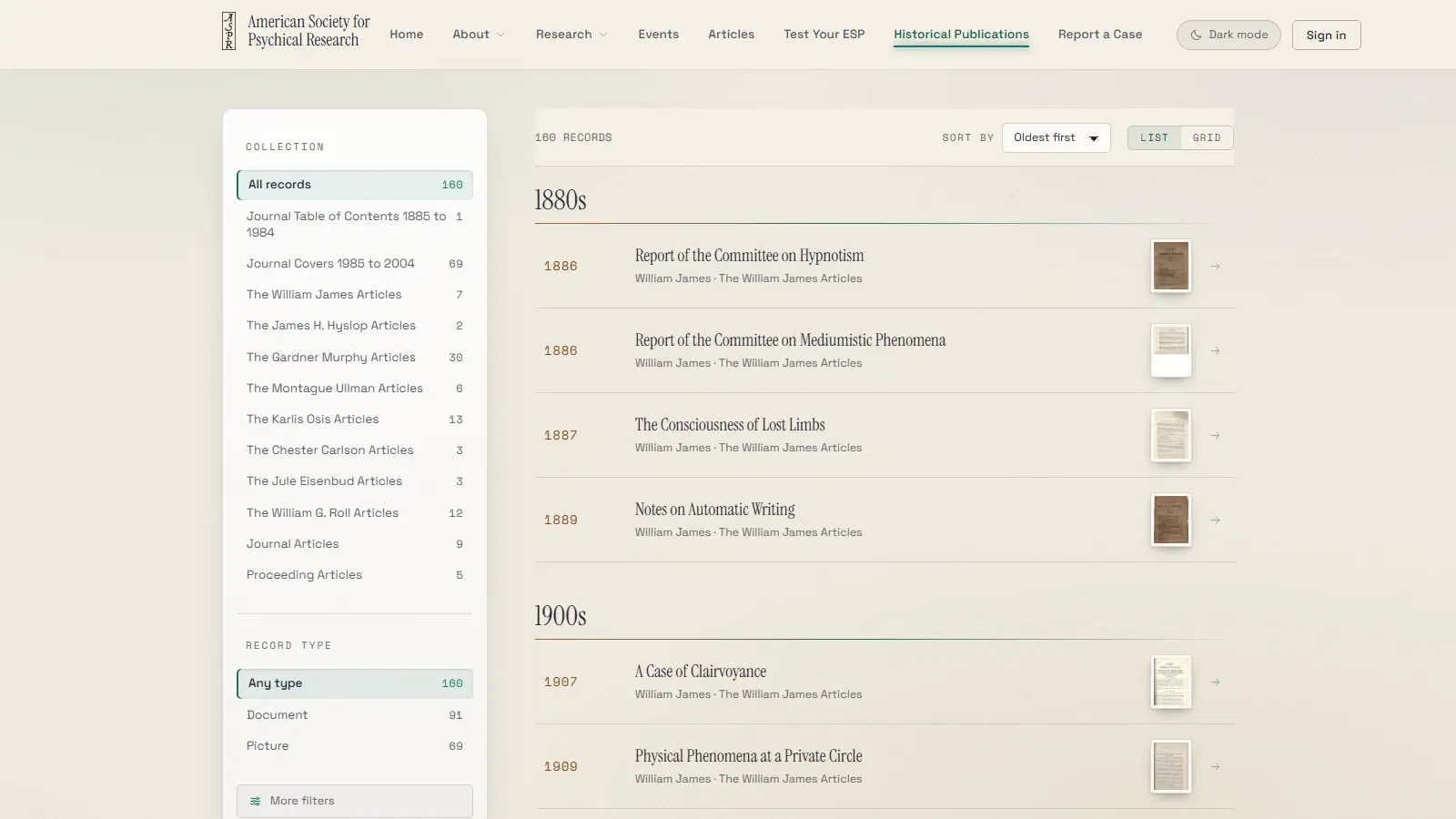 ASPR historical publication library with collection filters and records organized by date
