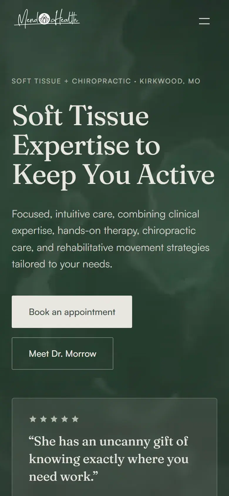 The Mend Health homepage on a phone, with buttons to book an appointment and meet the practitioner