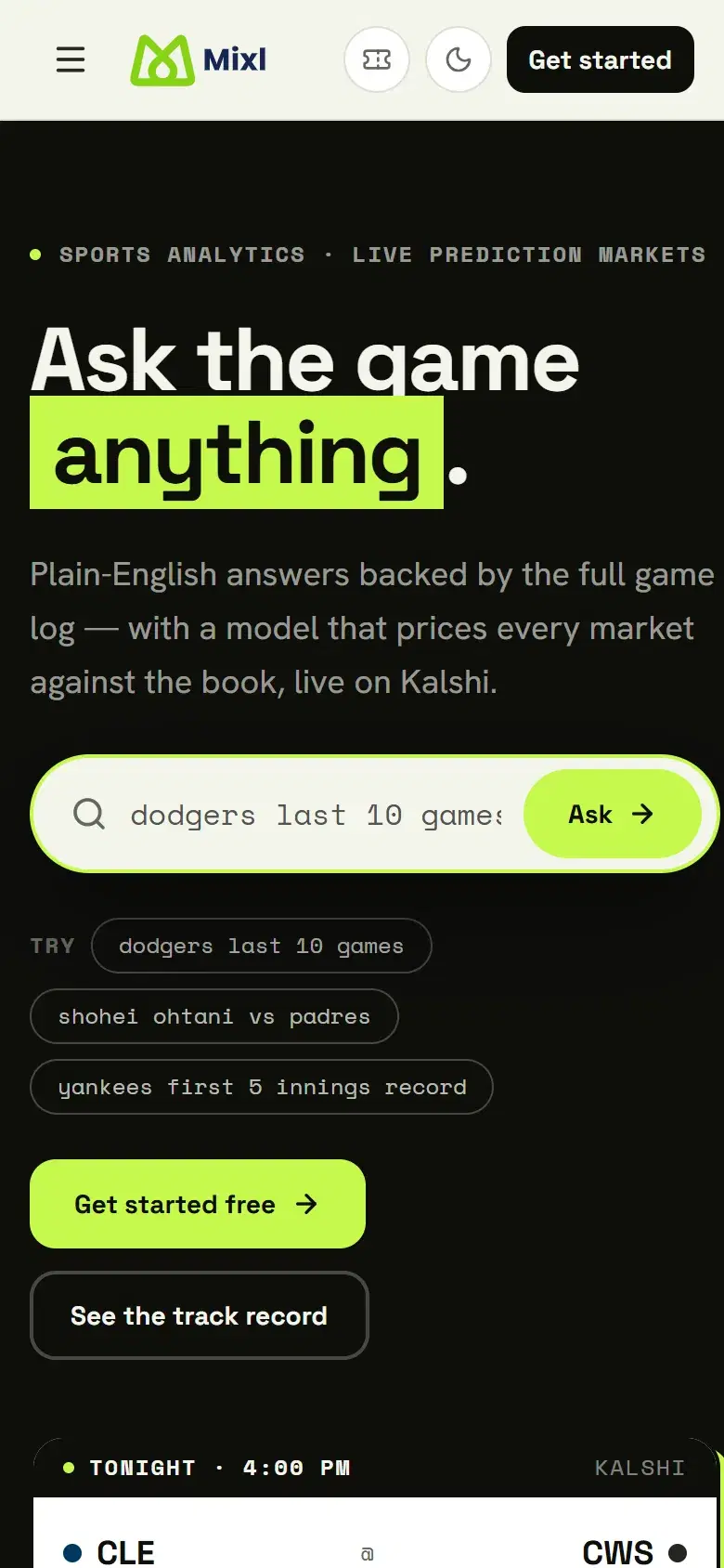 The Mixl homepage on a phone, with the stats search and a Get started free button