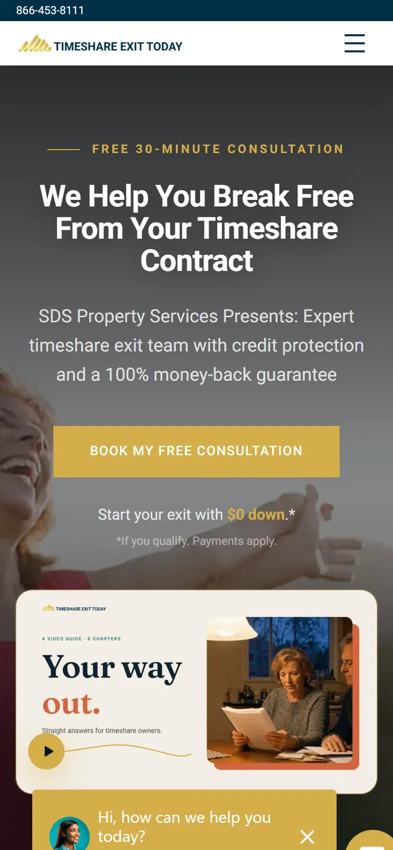 The Timeshare Exit Today homepage on a phone with its consultation button