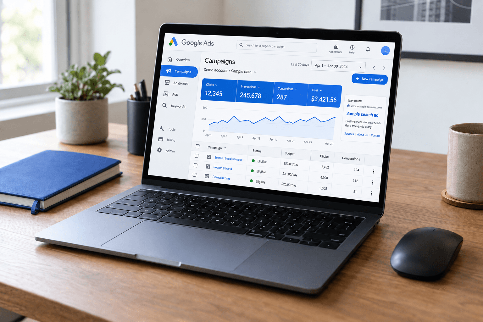 Illustrative laptop showing a Google Ads campaign dashboard with sample data