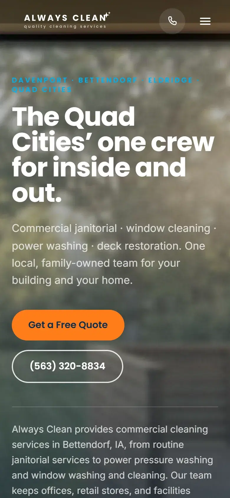 The Always Clean homepage on a phone, with its Get a Free Quote button
