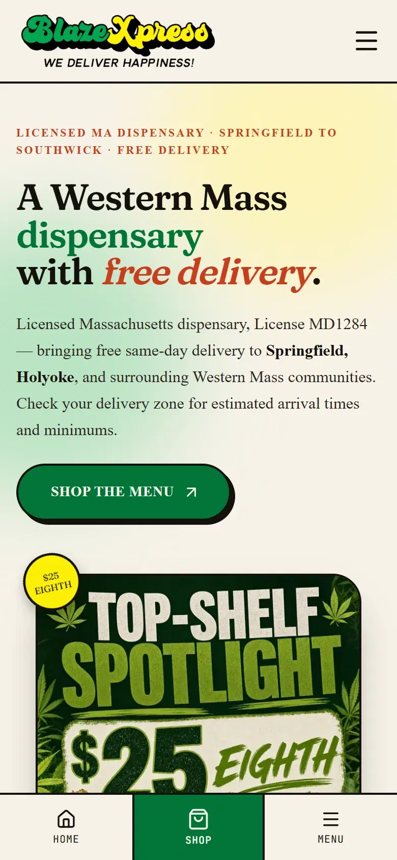 The BlazeXpress homepage on a phone, with the Shop the Menu button and a featured deal