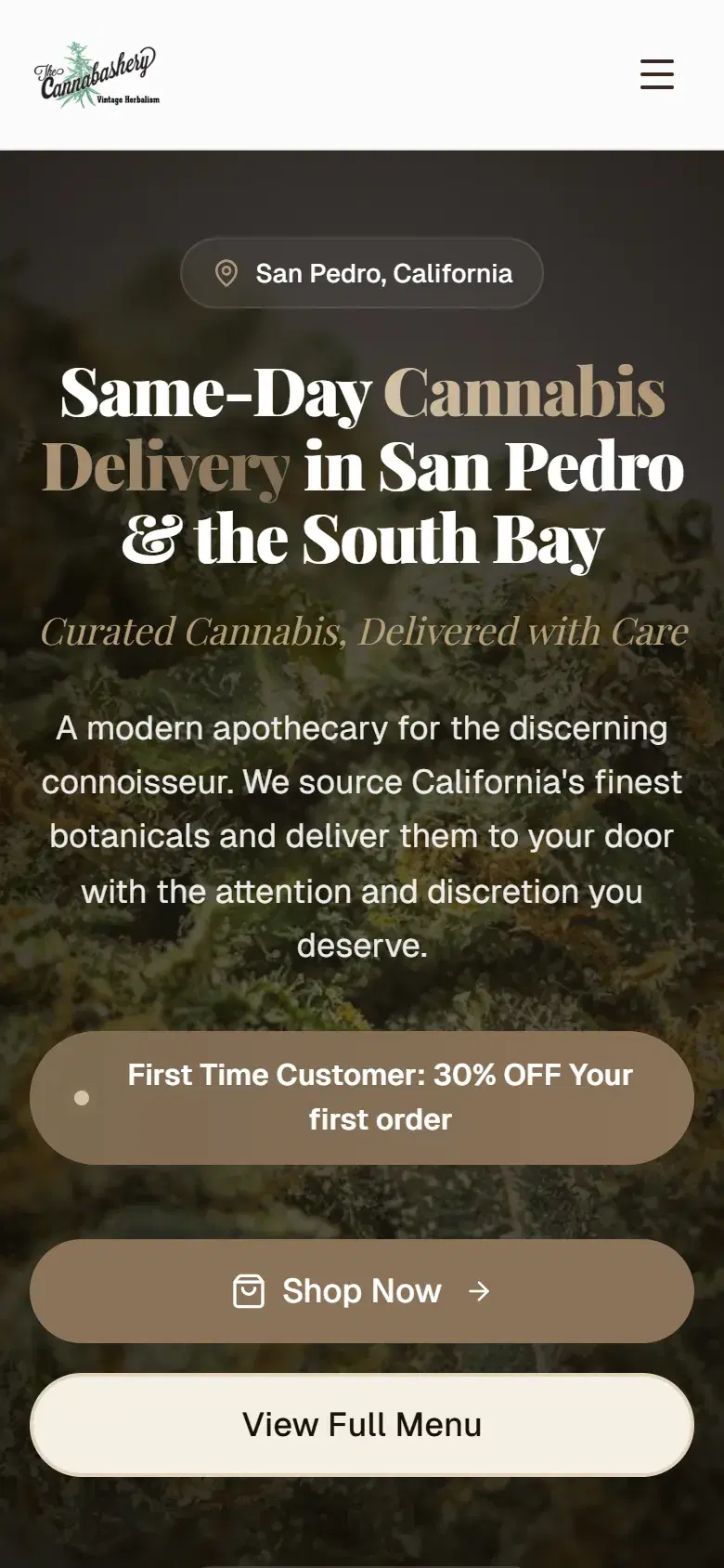 The Cannabashery homepage on a phone, with Shop Now and View Full Menu buttons