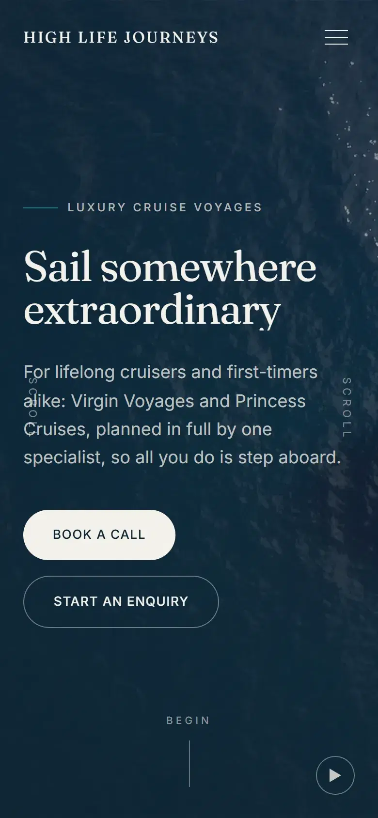 The High Life Journeys homepage on a phone, with Book a Call and Start an Enquiry buttons