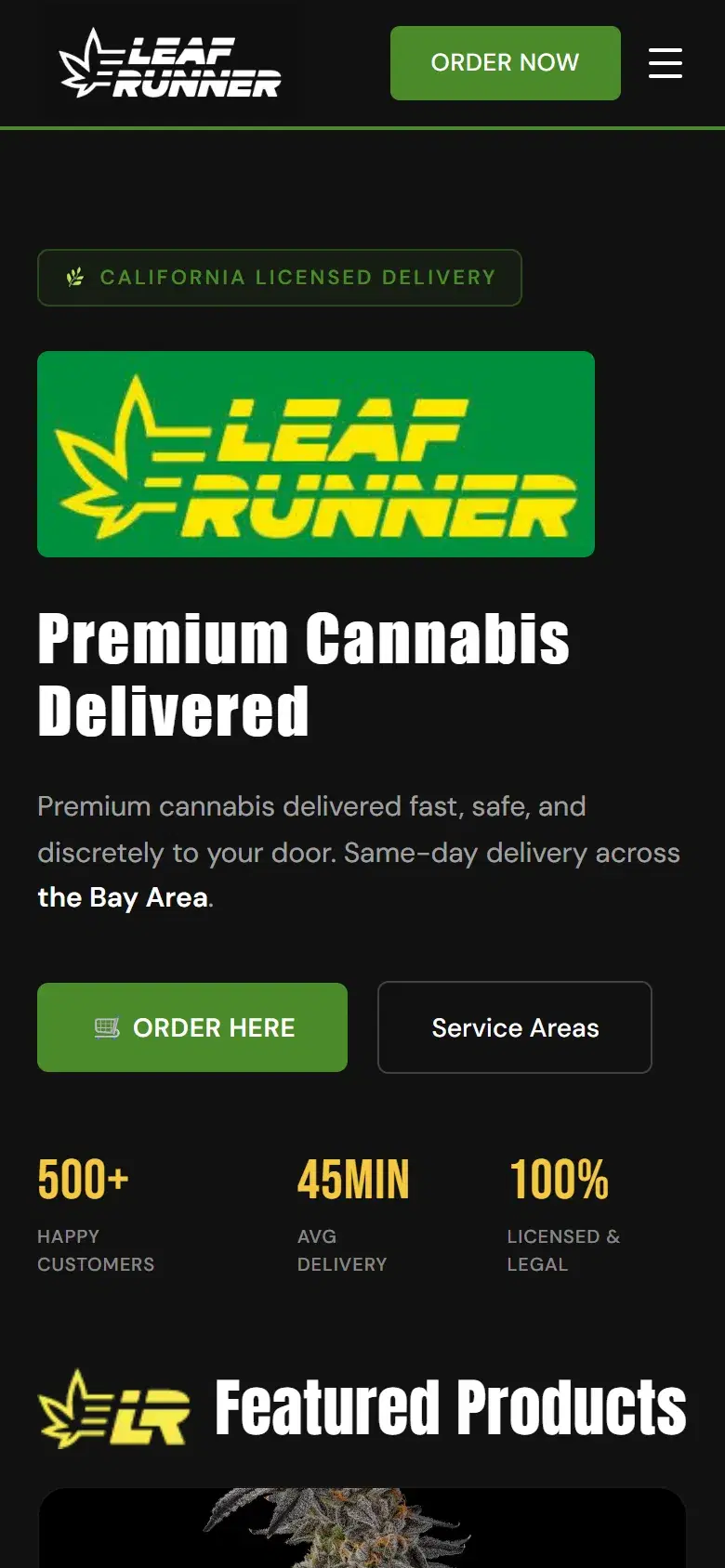The Leaf Runner Delivery homepage on a phone, with Order Here and Service Areas buttons