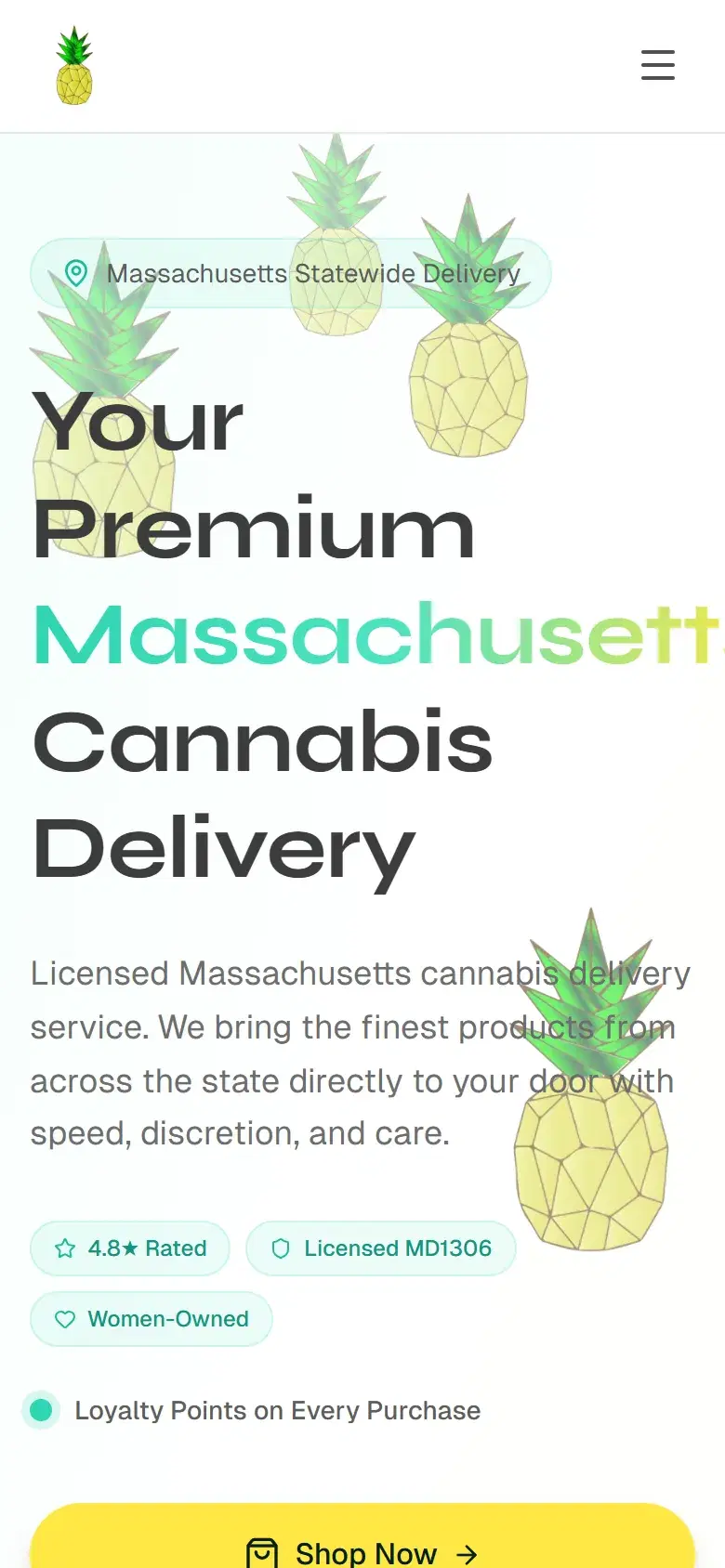The Pineapple Express homepage on a phone, with the Shop Now button