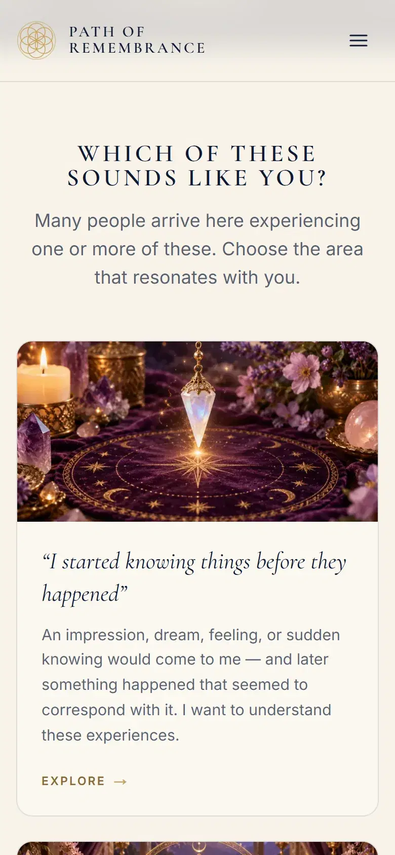 The Path of Remembrance site on a phone, at the “Which of these sounds like you?” cards