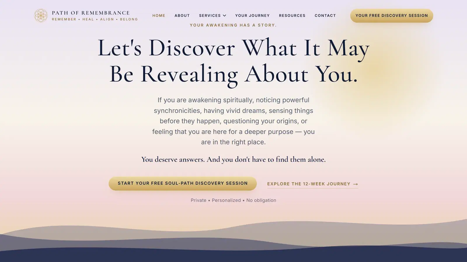 Path of Remembrance homepage: “Let’s Discover What It May Be Revealing About You.” over a dawn sky and layered hills