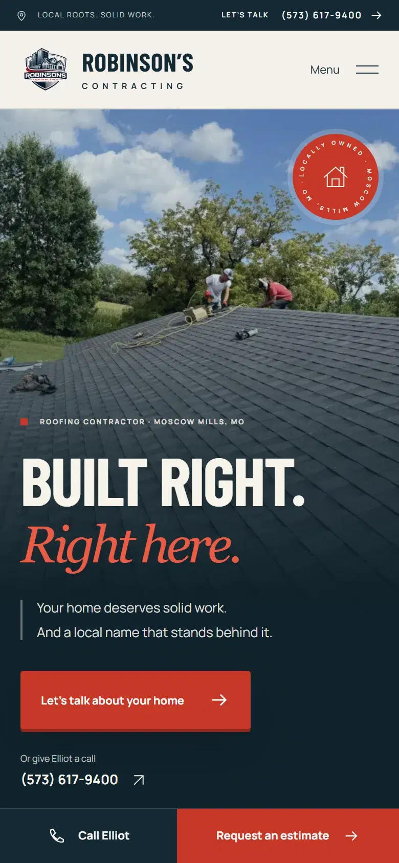 The Robinson’s Contracting homepage on a phone, with the Call Elliot and Request an estimate bar