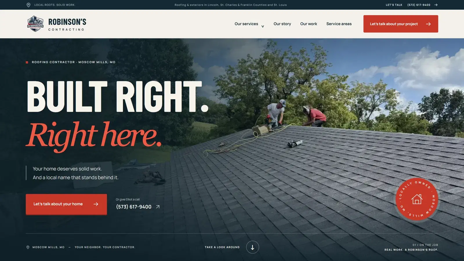 Robinson’s Contracting homepage: “Built right. Right here.” over a photo of the crew installing a shingle roof