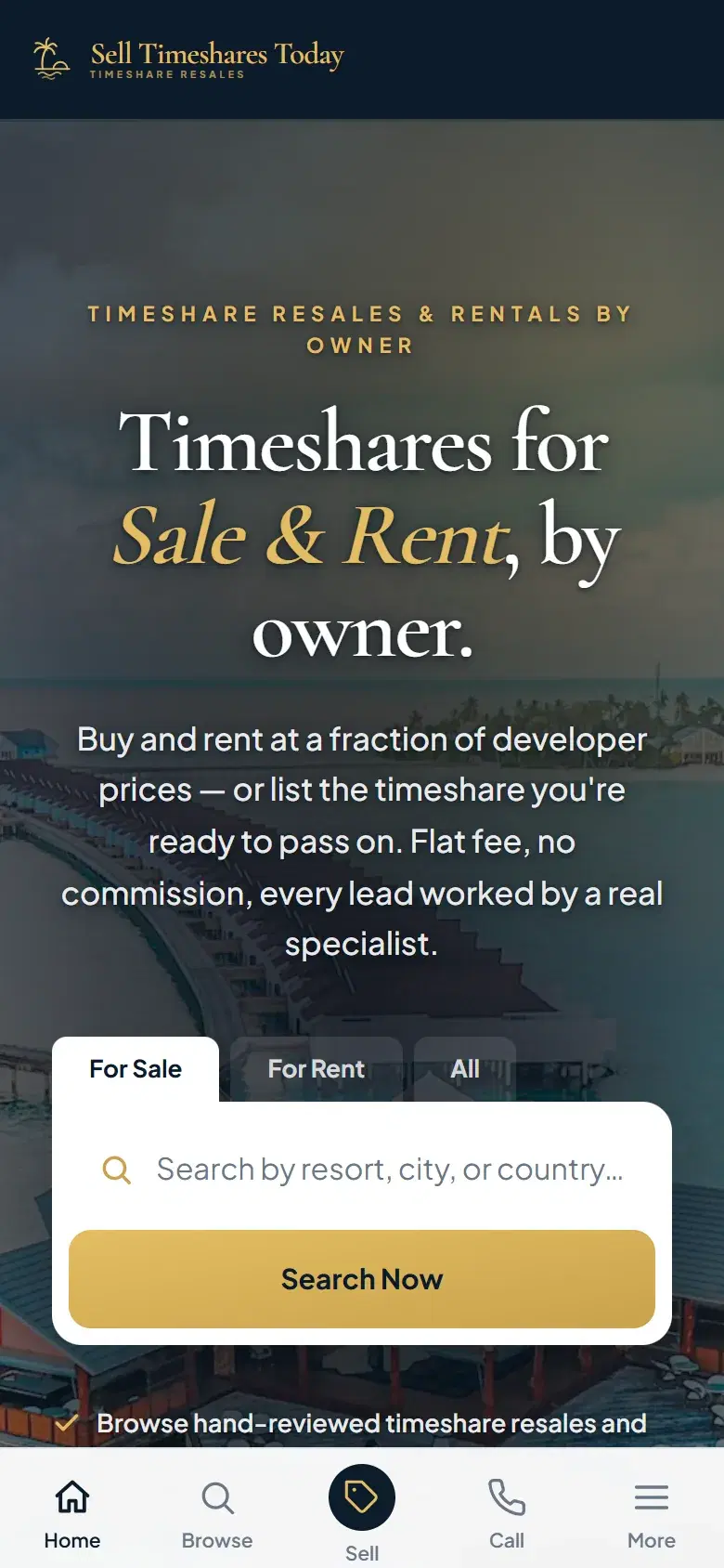 The Sell Timeshares Today homepage on a phone, with listing search and a bottom tab bar