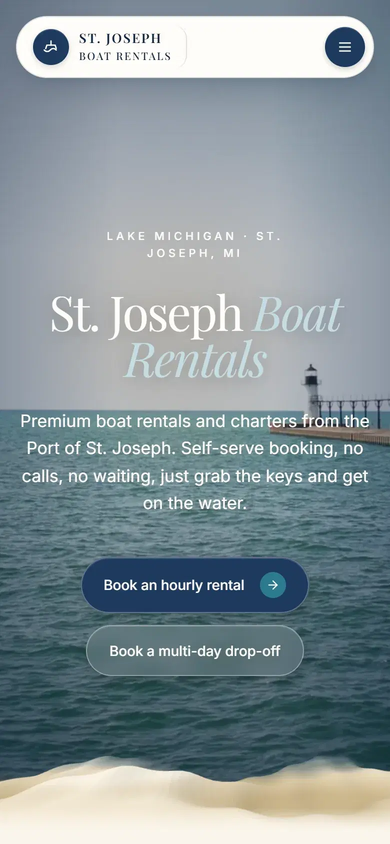 The St. Joseph Boat Rentals homepage on a phone, with buttons for hourly rentals and multi-day drop-offs