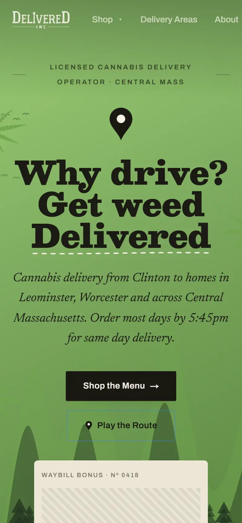 The Delivered Inc homepage on a phone, with Shop the Menu and Play the Route buttons