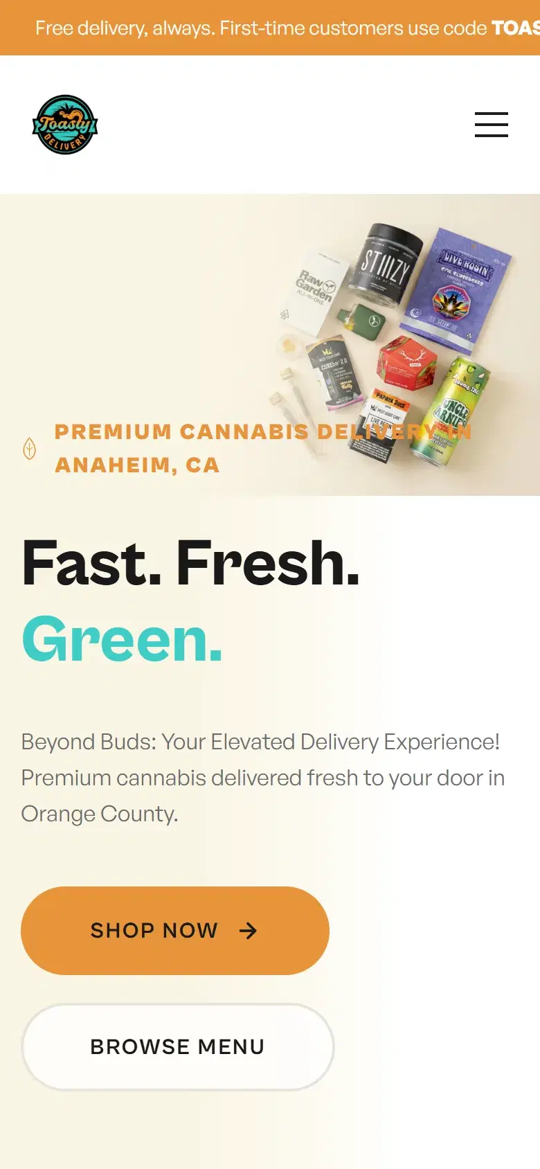 The Toasty CA homepage on a phone, with Shop Now and Browse Menu buttons
