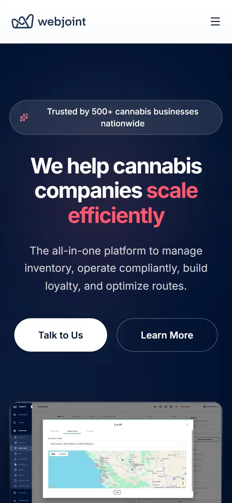 The WebJoint homepage on a phone, with Talk to Us and Learn More buttons