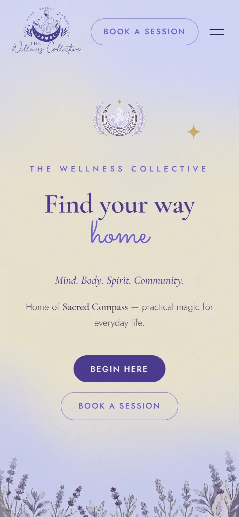 The Wellness Collective homepage on a phone, with Begin Here and Book a Session buttons