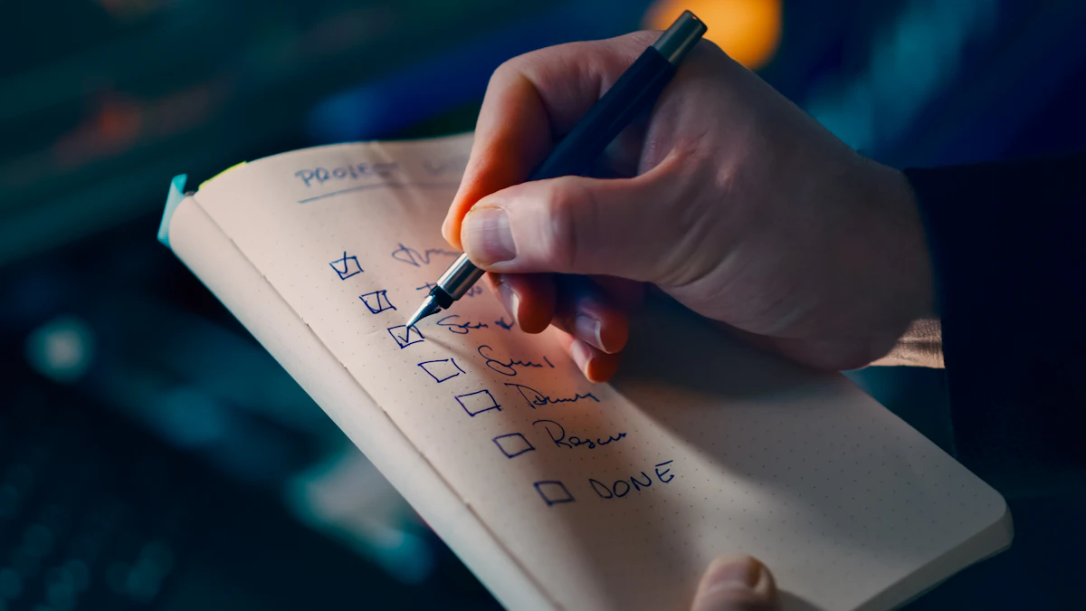 Hand ticking items off a checklist in a notebook with a pen