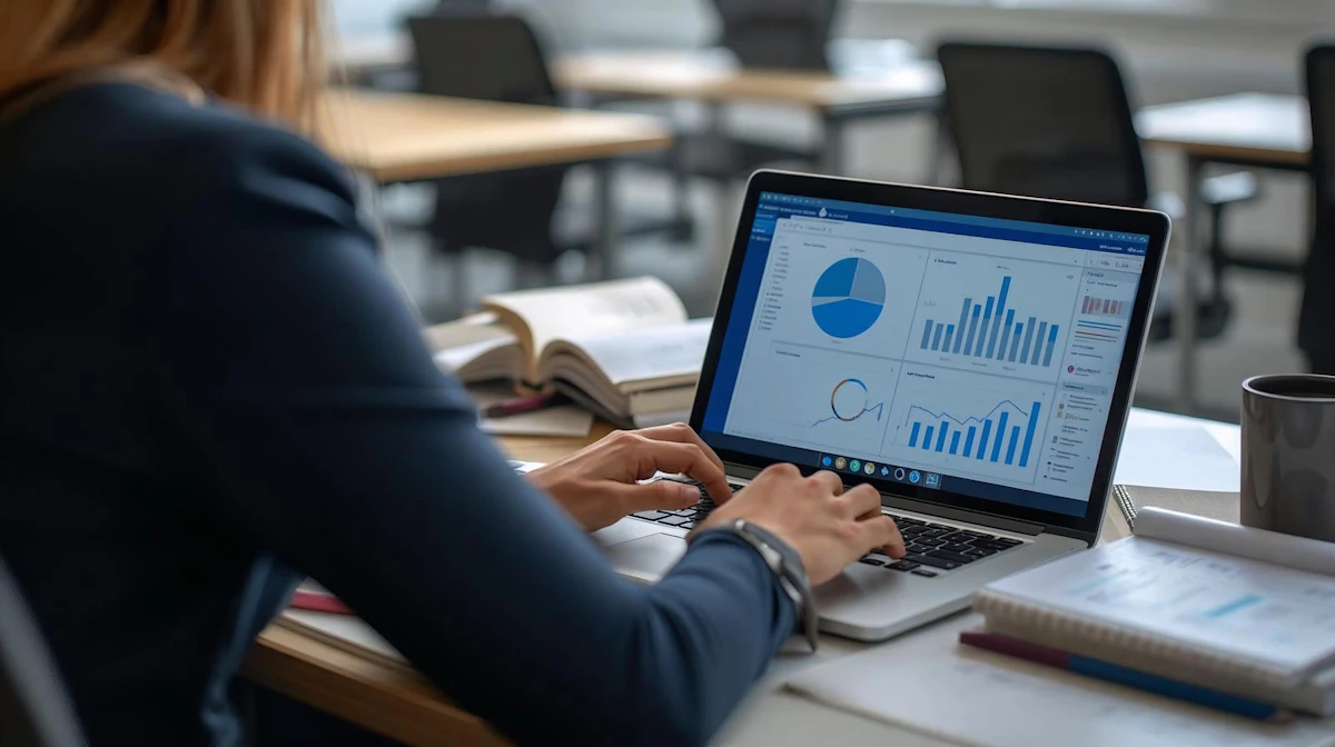 Person working on a laptop that shows charts and analytics reports